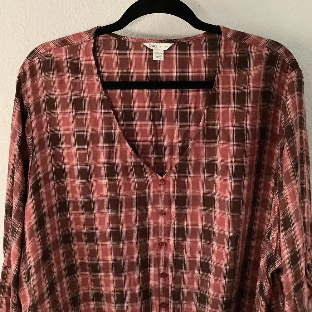 Red Plaid Cabincore Holiday Autumn Fall Christmas Ruffle Sleeve Top 22/24W - Picture 2 of 8